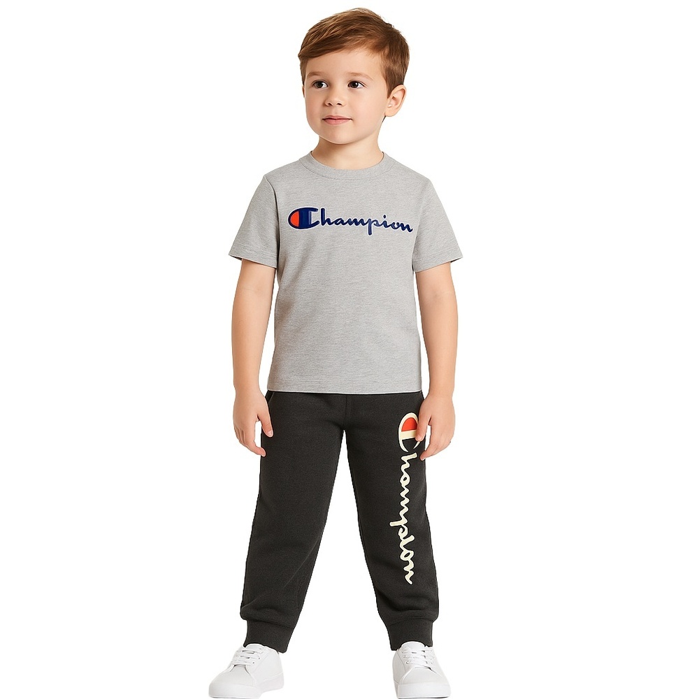CHAMPION Grey Tee Orange/Blue Logo & Black Sweatpants Traditional Logo‎ Boys 5